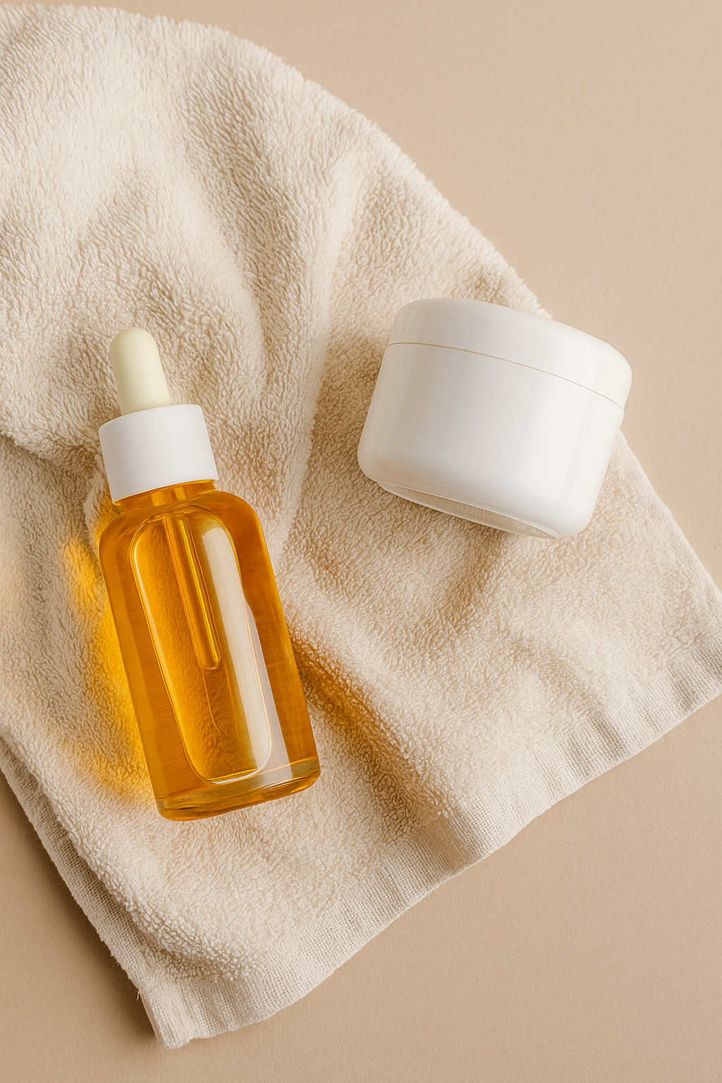 Produits anti-vergetures clean et naturels posés sur une serviette beige, illustrant une routine beauté maternité simple et bienveillante Imagen