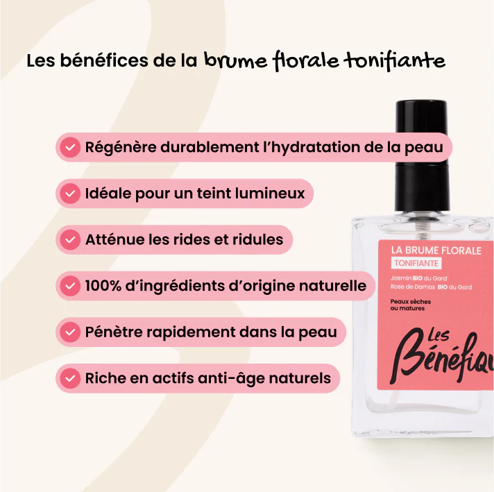 Brume florale tonifiante jasmin & rose de Damas bio – Peaux sèches & matures