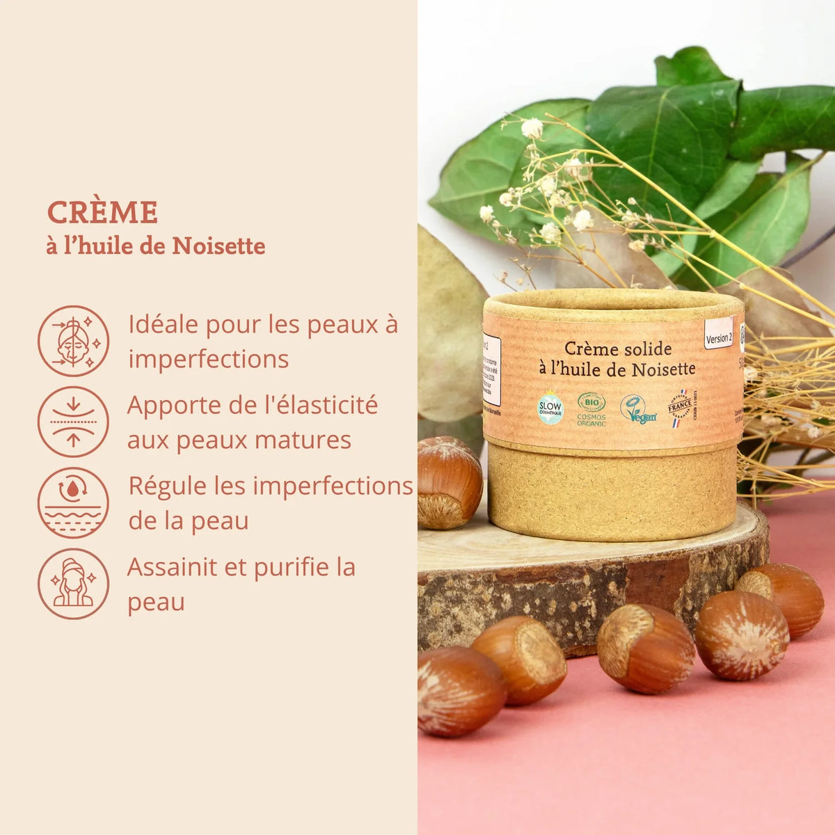 Crème hydratante solide à l’huile de noisette – peau mixte à normale