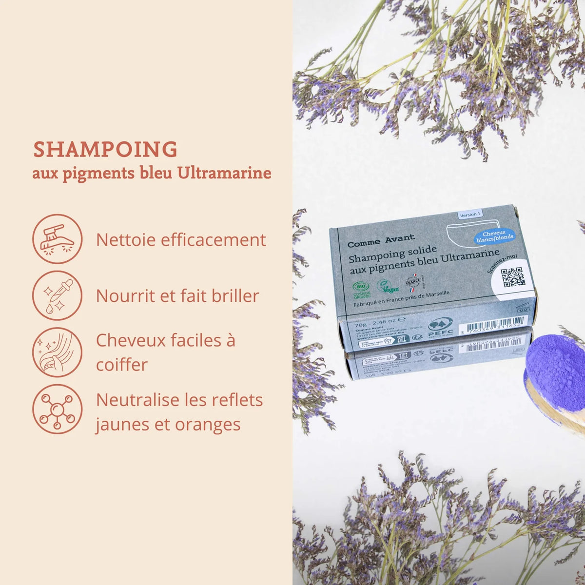 Shampoing solide bleu déjaunissant bio – cheveux blancs, gris & blonds