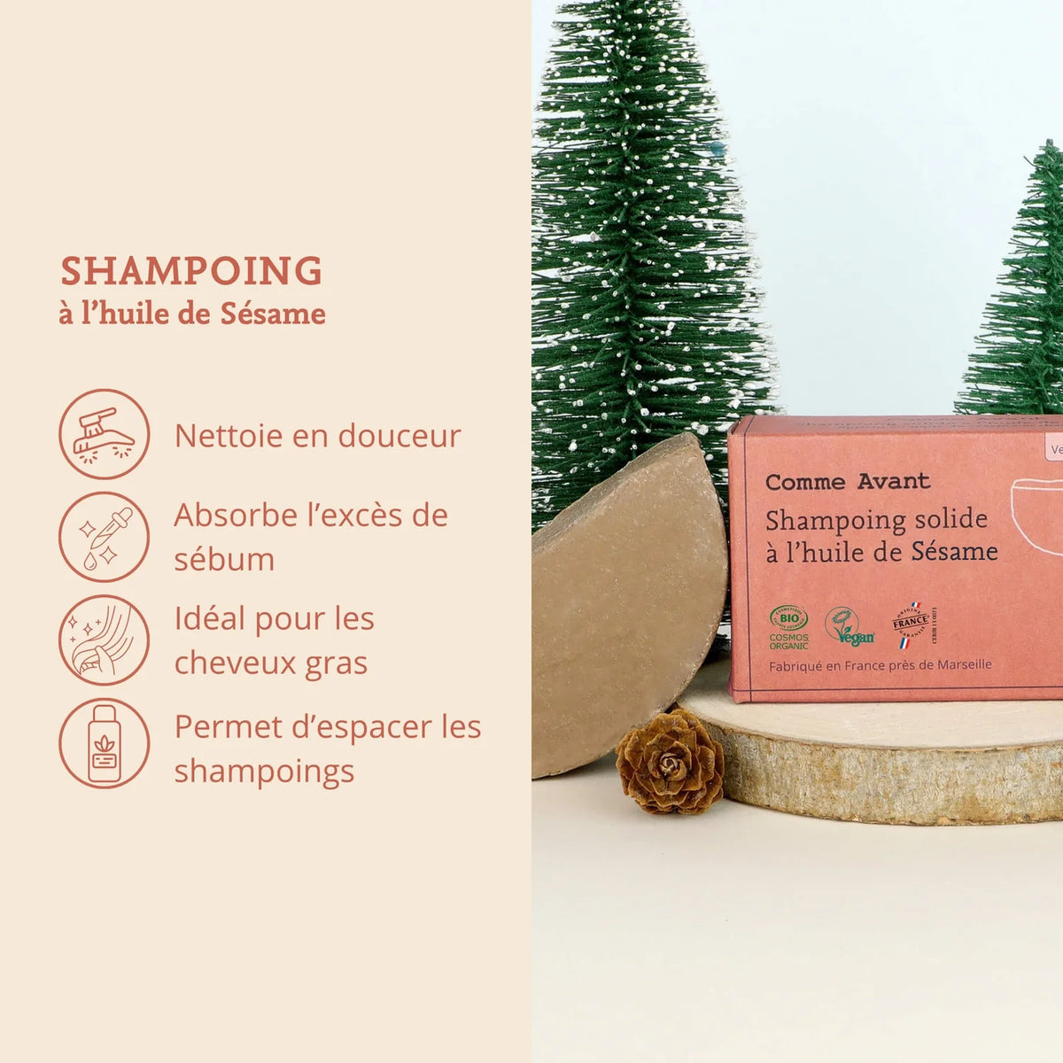 Shampoing solide bio à l’huile de sésame & rhassoul – cheveux gras