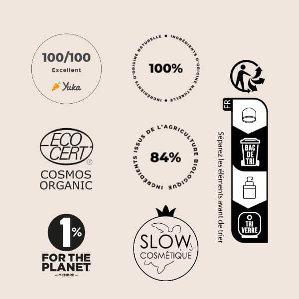Labels de la crème CAHÉ : Cosmos Organic, Slow Cosmétique, 1 % for the Planet