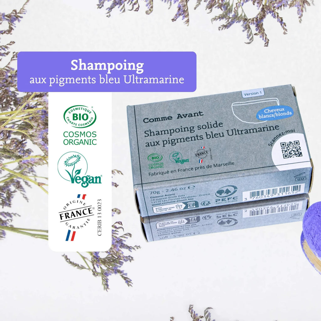 Shampoing solide bleu déjaunissant bio – cheveux blancs, gris & blonds