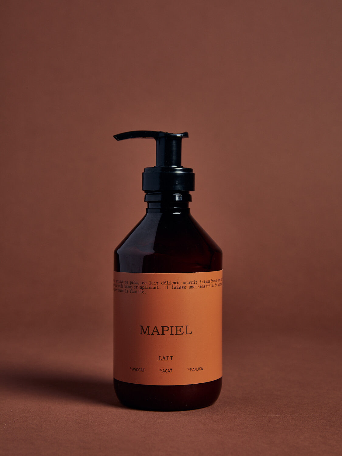 Lait hydratant MAPIEL au miel de manuka, flacon pompe ambré en verre 250 ml