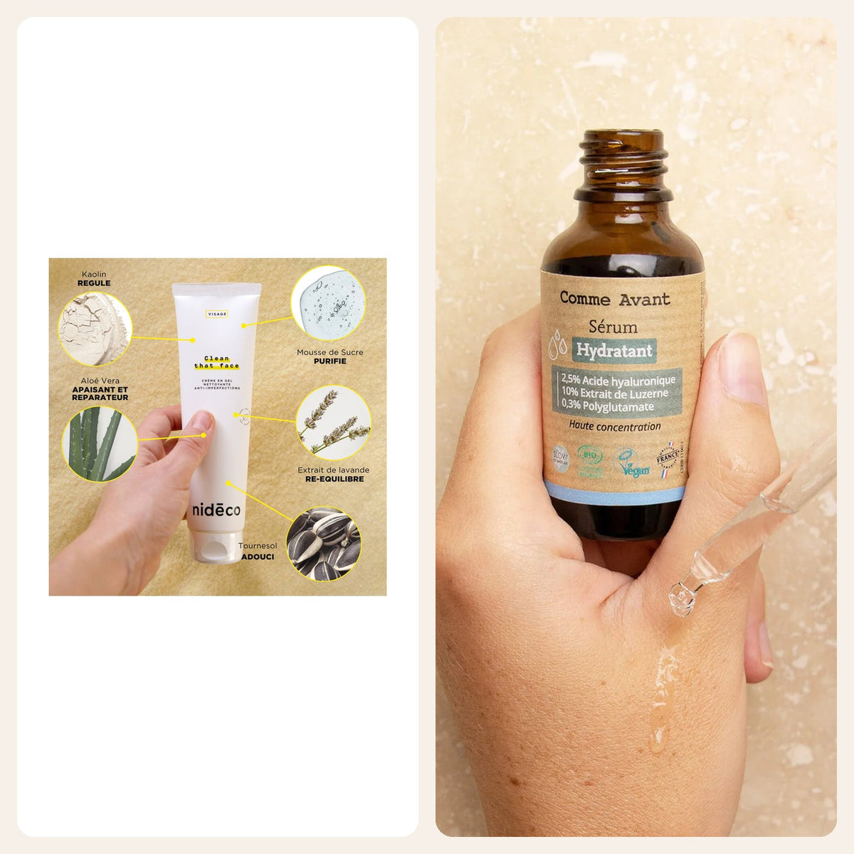 Pack Noël ado peau nette : ingrédients du nettoyant et texture du sérum hydratant Image
