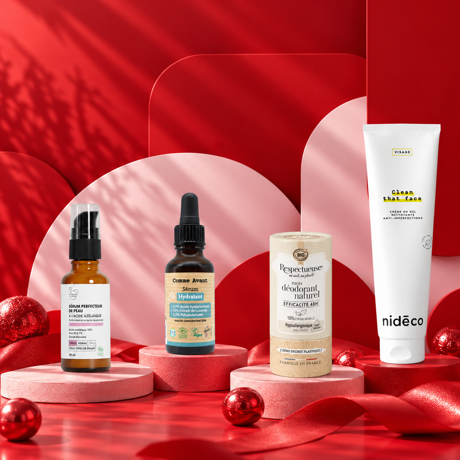 Pack Noël ado peau nette : sérum à l'acide azélaïque, sérum hydratant Comme Avant, déodorant Respectueuse et gel nettoyant Nidéco