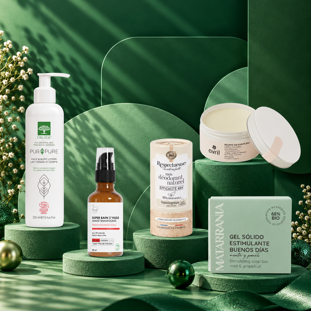 Pack Noël homme salle de bain au complet : lait Druide, bain d'huile cheveux, déodorant Respectueuse, beurre de karité Avril et gel douche solide Matarrania