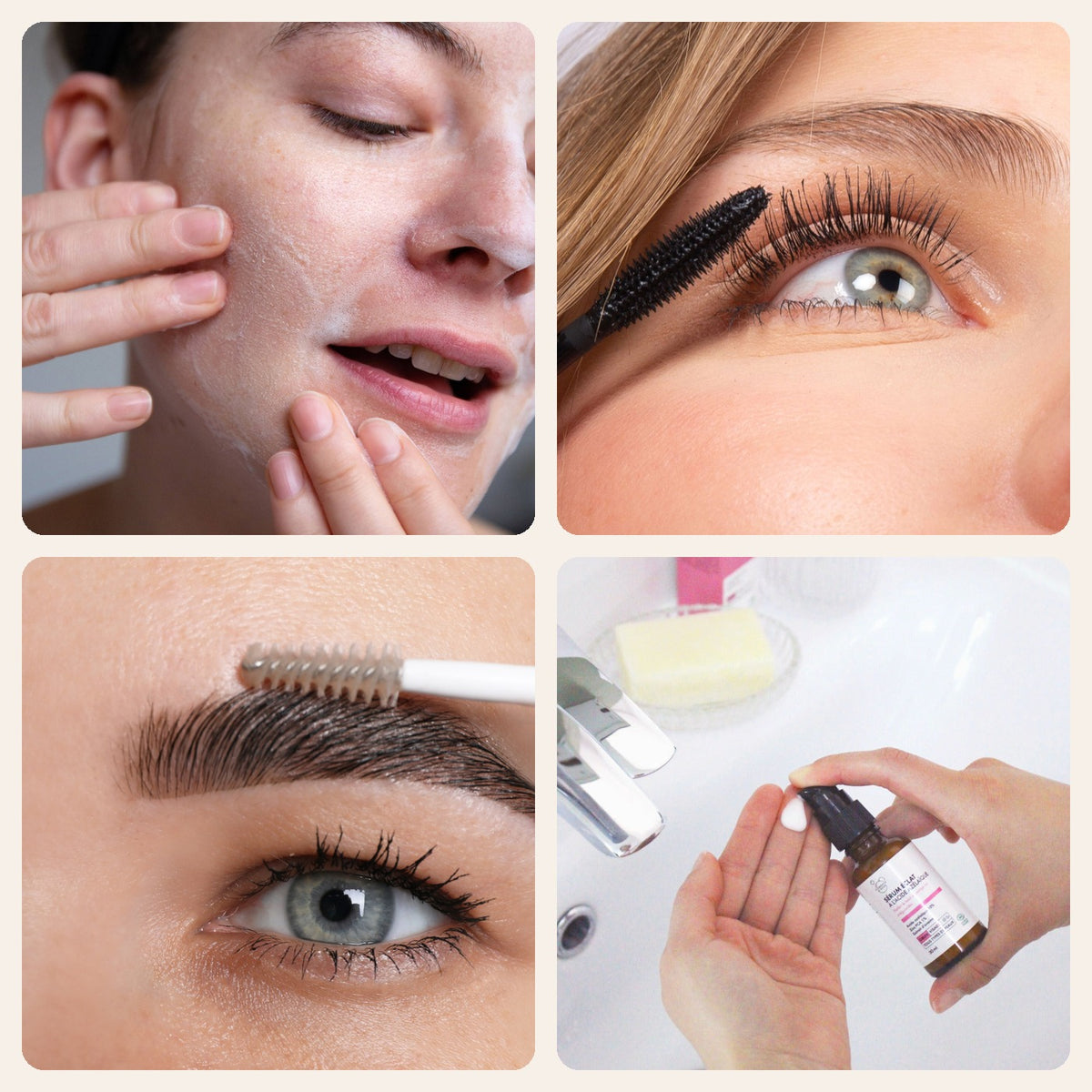 Pack Noël ado soin et maquillage : nettoyant, mascara, gel sourcils et sérum en utilisation Imagen