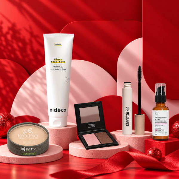 Pack Noël ado soin et maquillage : gel nettoyant Nidéco, highlighter Boho, duo de fards, mascara Charlotte Bio et sérum à l'acide azélaïque