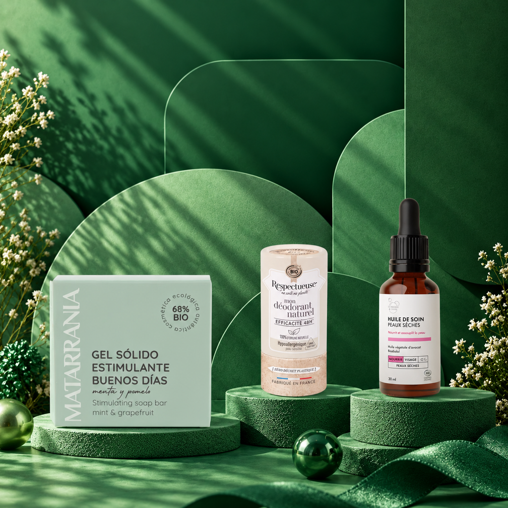 Pack Noël homme l'essentiel du matin : gel douche solide Matarrania, déodorant Respectueuse et huile de soin visage