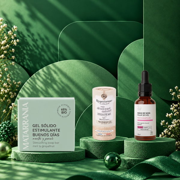 Pack Noël homme l'essentiel du matin : gel douche solide Matarrania, déodorant Respectueuse et huile de soin visage