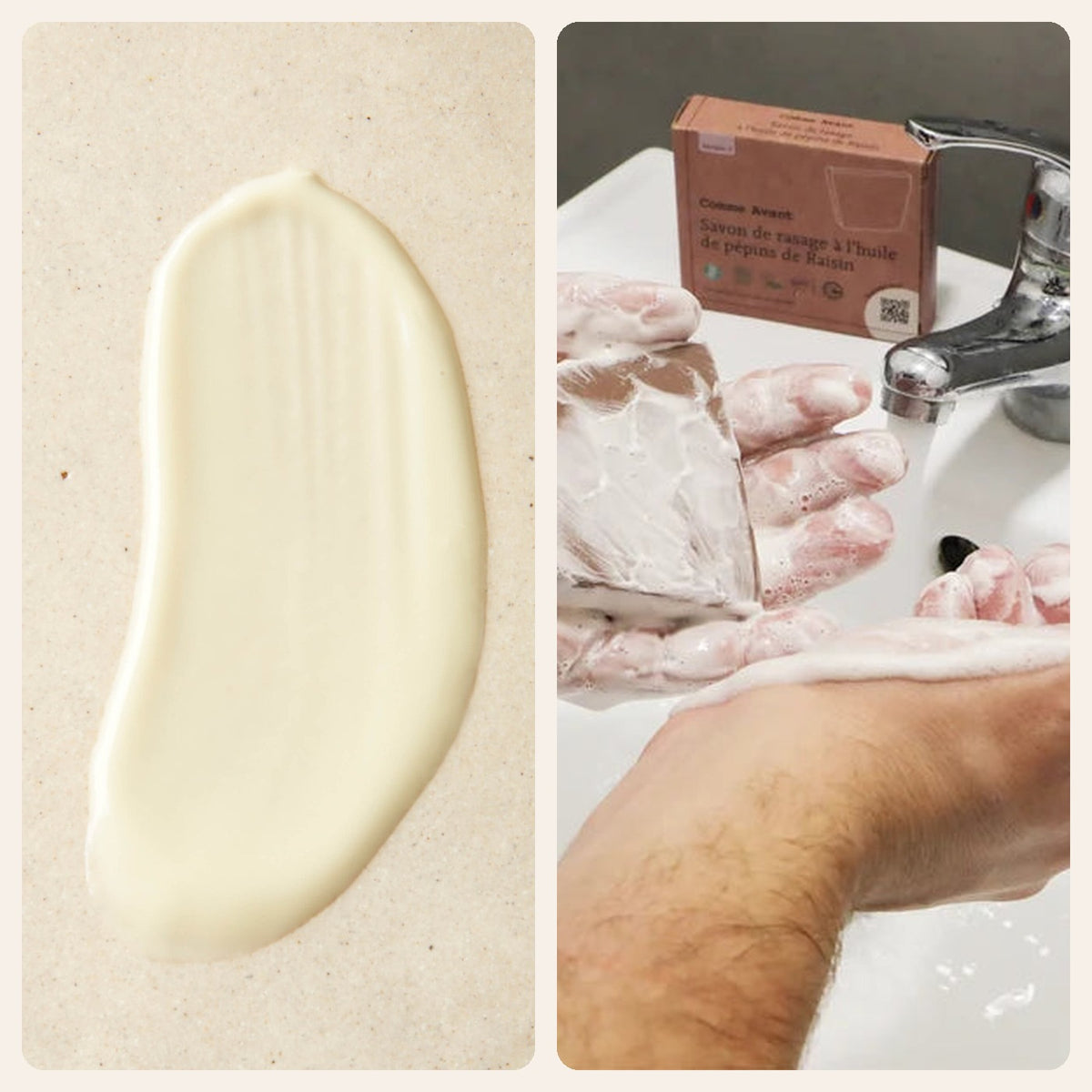 Pack Noël homme rasage et salle de bain : texture du lait Mapiel et mousse du savon de rasage Image