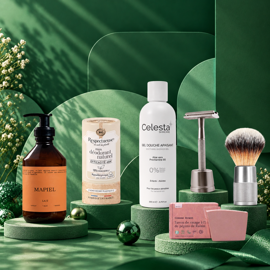 Pack Noël homme rasage et salle de bain : lait Mapiel, déodorant Respectueuse, gel douche Celesta, rasoir de sûreté, blaireau et savon de rasage Comme Avant
