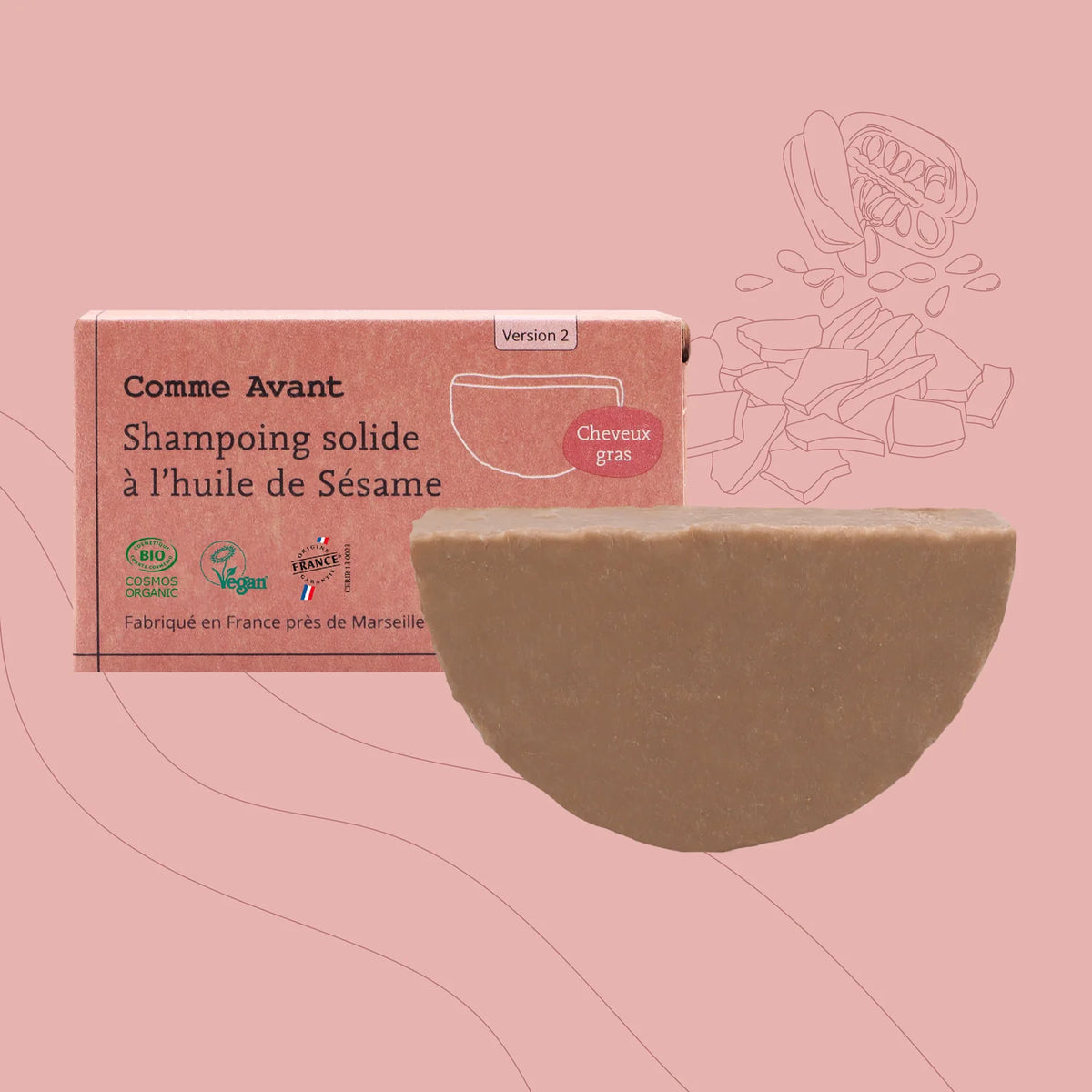 Shampoing solide bio à l’huile de sésame & rhassoul – cheveux gras